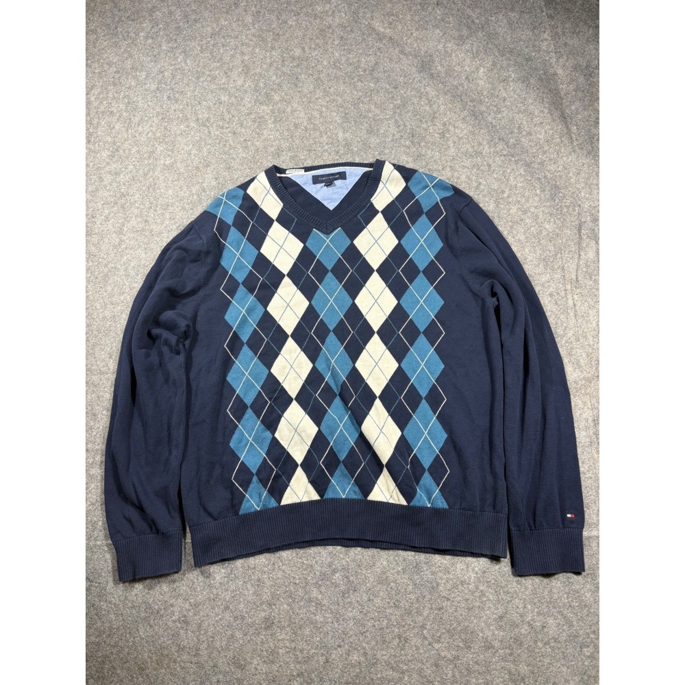 Tommy Hilfiger Men's V Neck Argyle Sweater Navy Blue Size XL